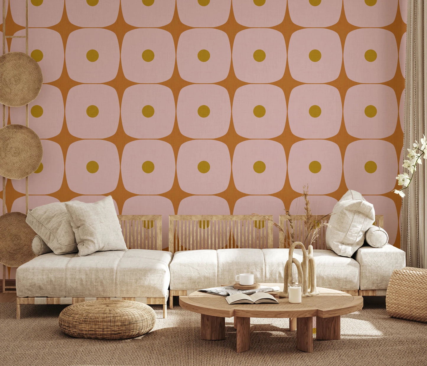 Mid Century Modern Geometric Squares with Dots Pink Mustard Terracotta Wallpaper⁠