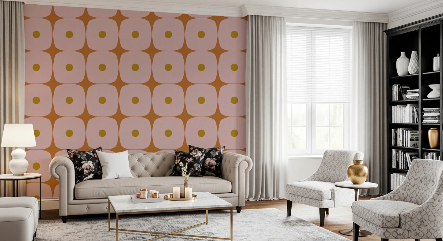 Mid Century Modern Geometric Squares with Dots Pink Mustard Terracotta Wallpaper⁠