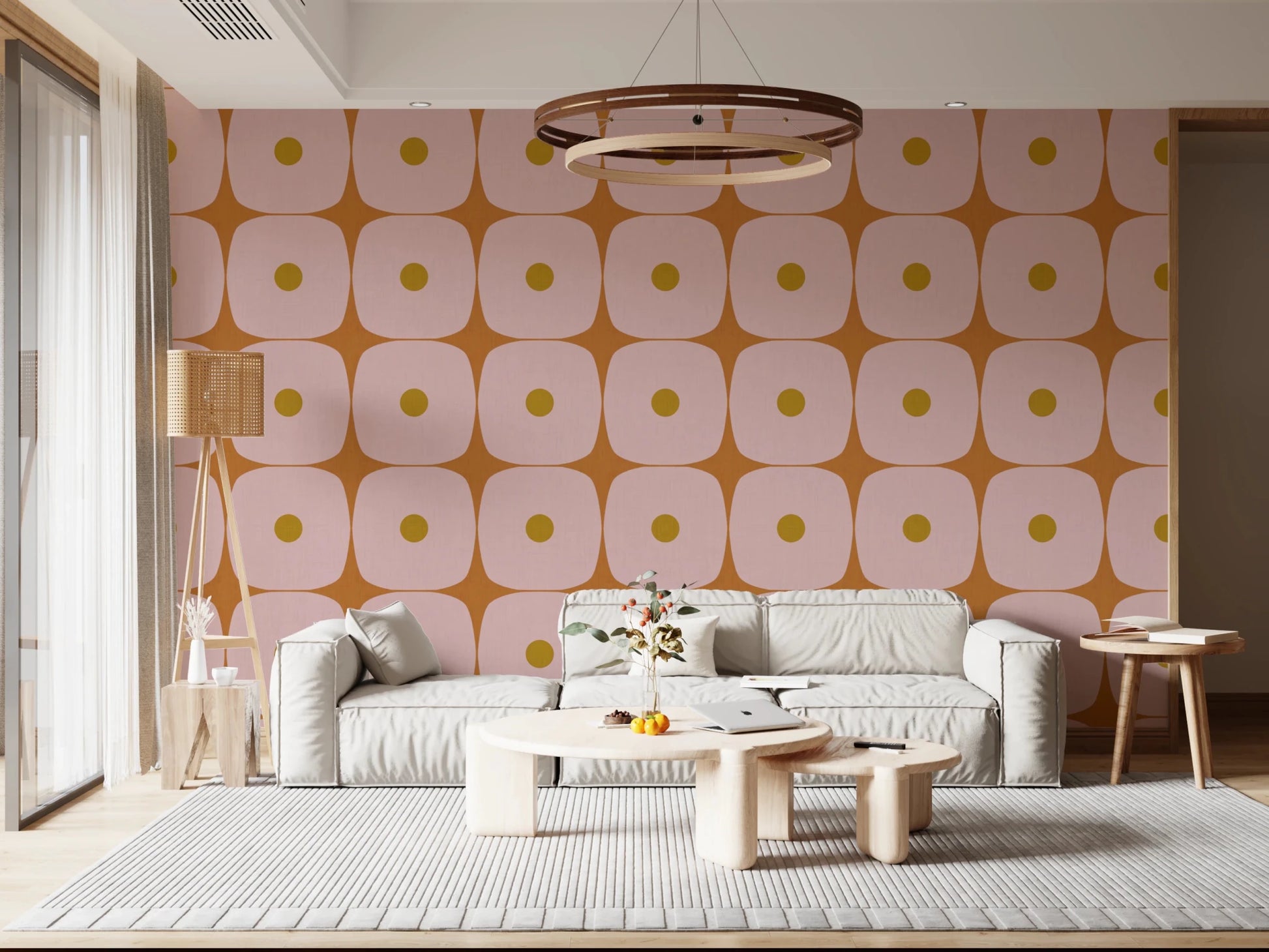 Mid Century Modern Geometric Squares with Dots Pink Mustard Terracotta Wallpaper⁠
