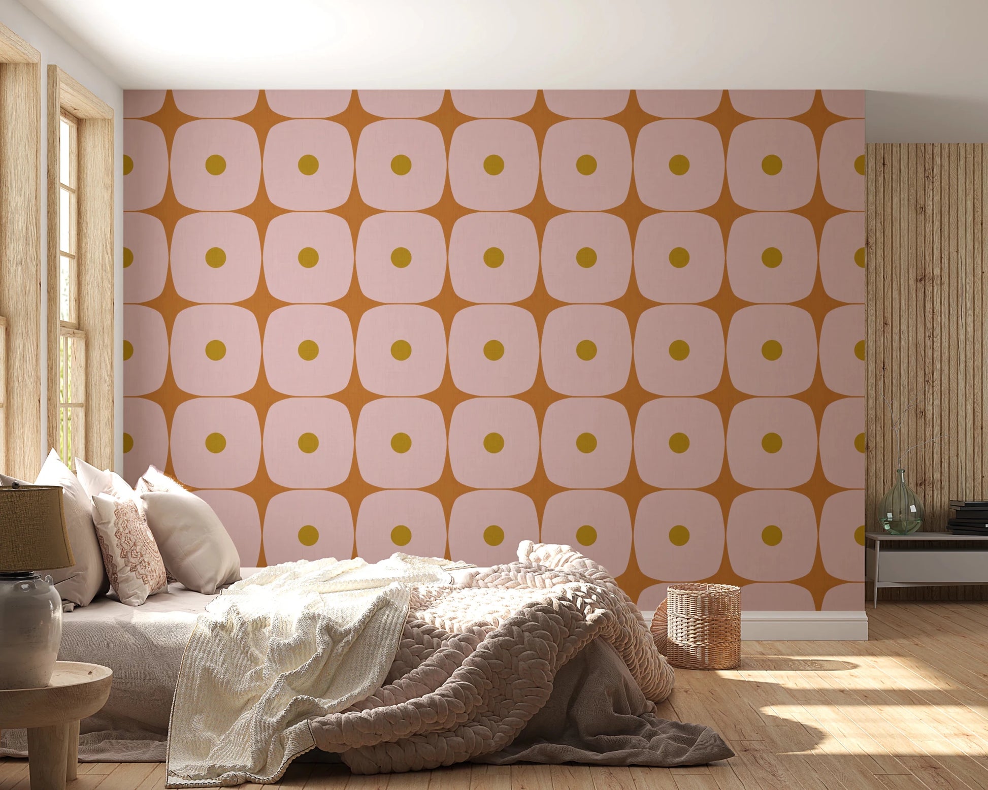 Mid Century Modern Geometric Squares with Dots Pink Mustard Terracotta Wallpaper⁠