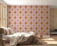 Mid Century Modern Geometric Squares with Dots Pink Mustard Terracotta Wallpaper⁠