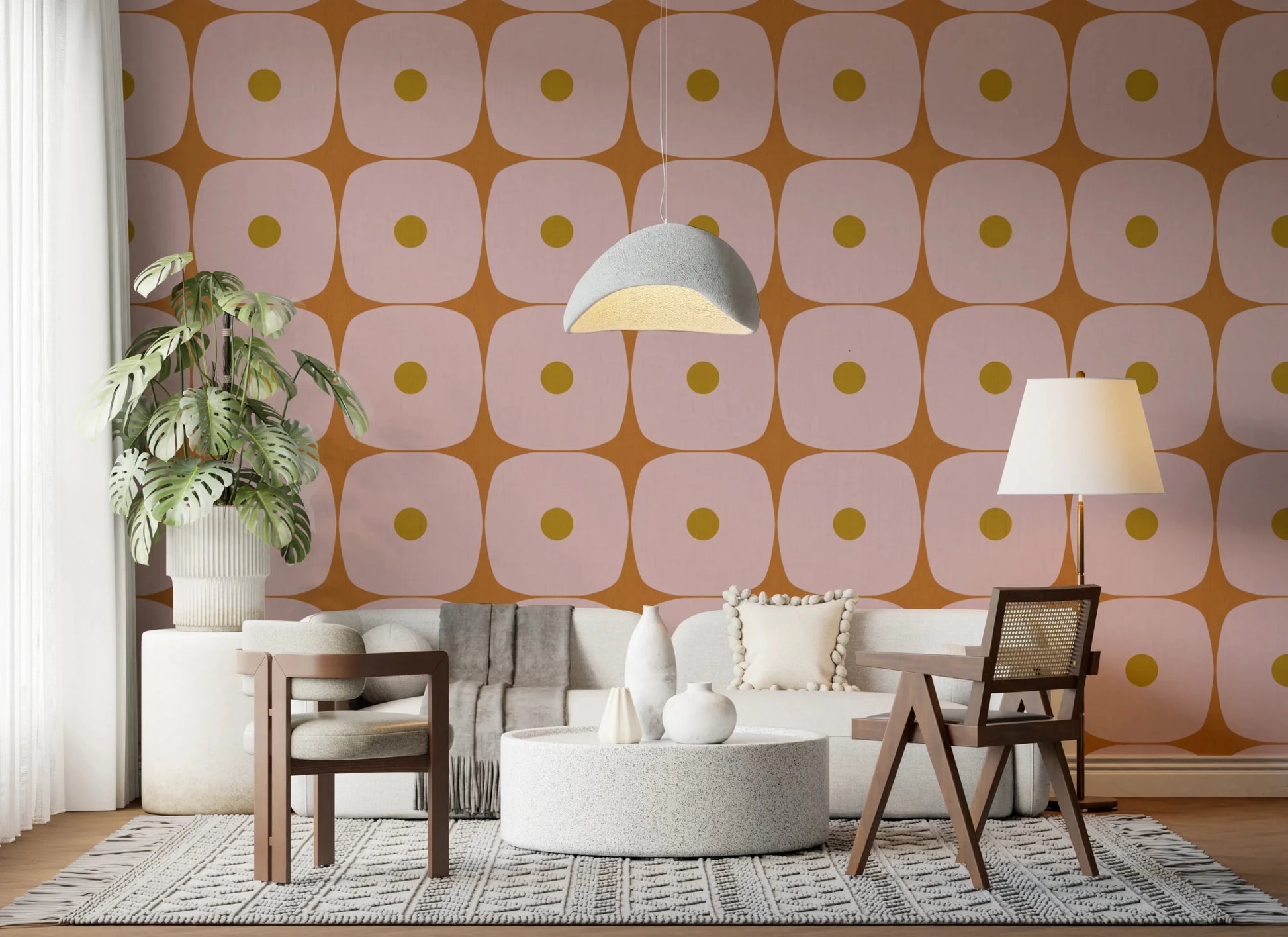 Mid Century Modern Geometric Squares with Dots Pink Mustard Terracotta Wallpaper⁠