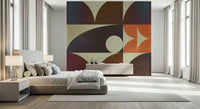 Contemporary living room wallpaper highlighting large graphic arches in warm earth tones.