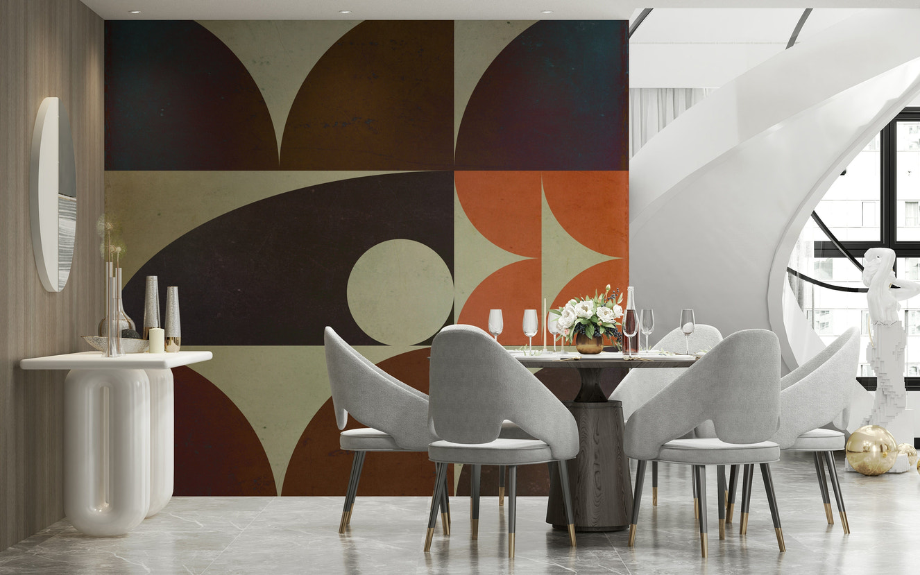 Geometrica 18 fall wallpaper featuring abstract rust and navy shapes for modern interiors.