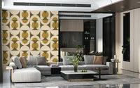 Decorative retro wallpaper with intersecting circles and arcs in a repeating symmetrical pattern.