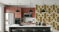 Classic mid-century modern wallpaper featuring layered curved forms in soft vintage tones.