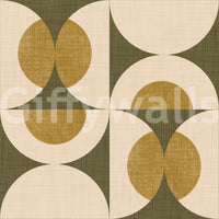 Patterned wallpaper featuring mid-century curves and circular shapes in earthy tones.
