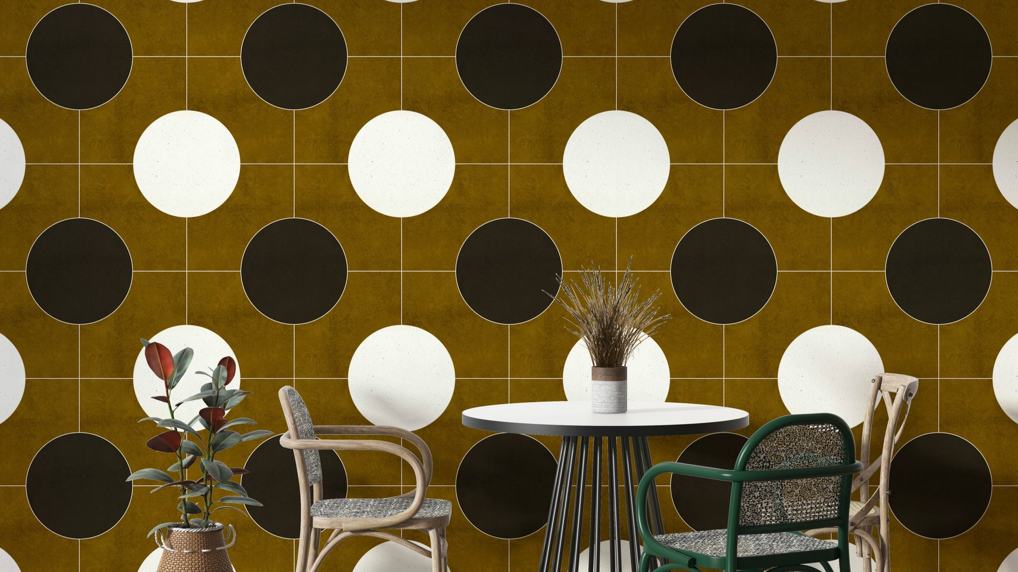 Mid-Century Modern Minimalism wallpaper mural in mustard with black and cream circles in a dining nook