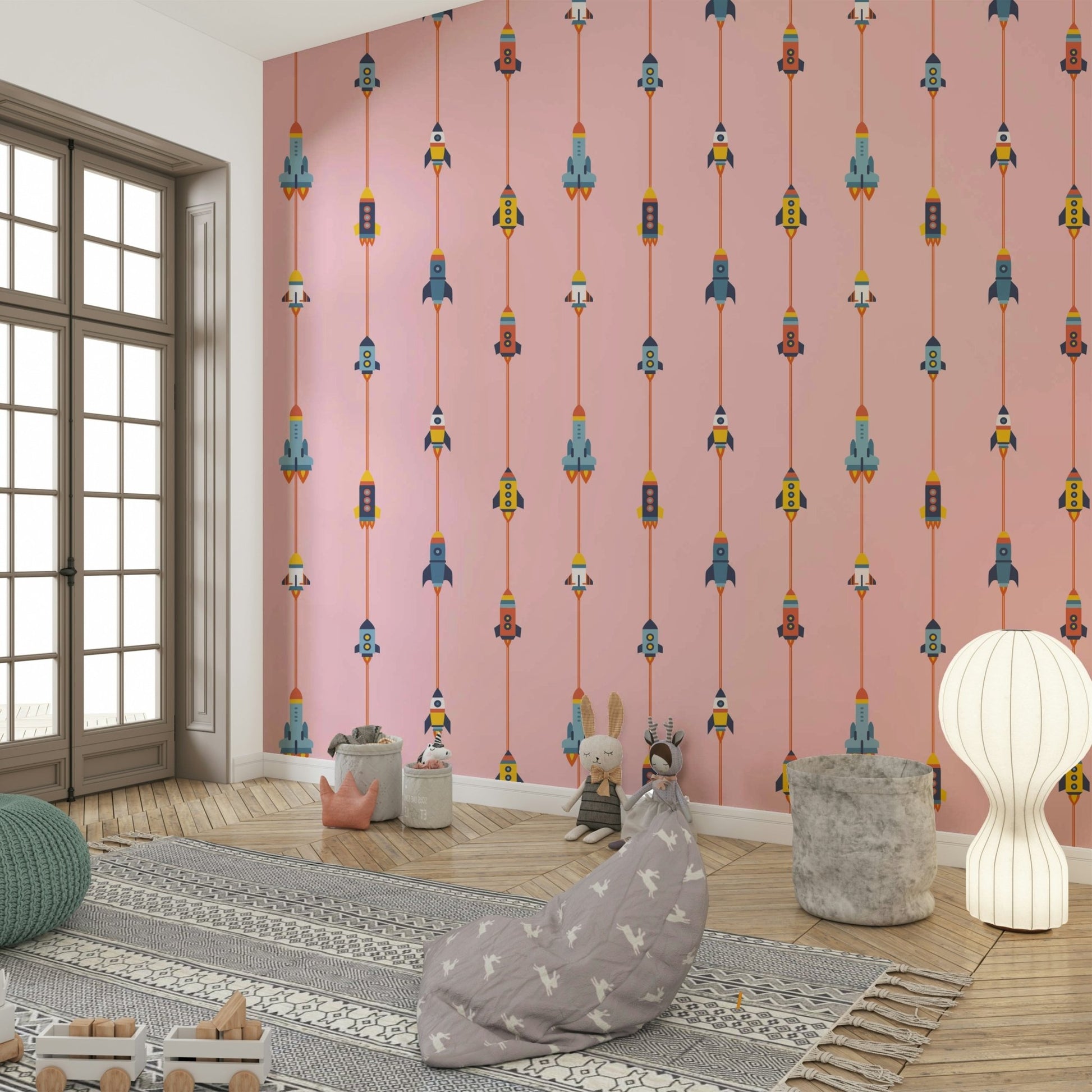 The room's lighting highlights the playful feel of the pattern.

