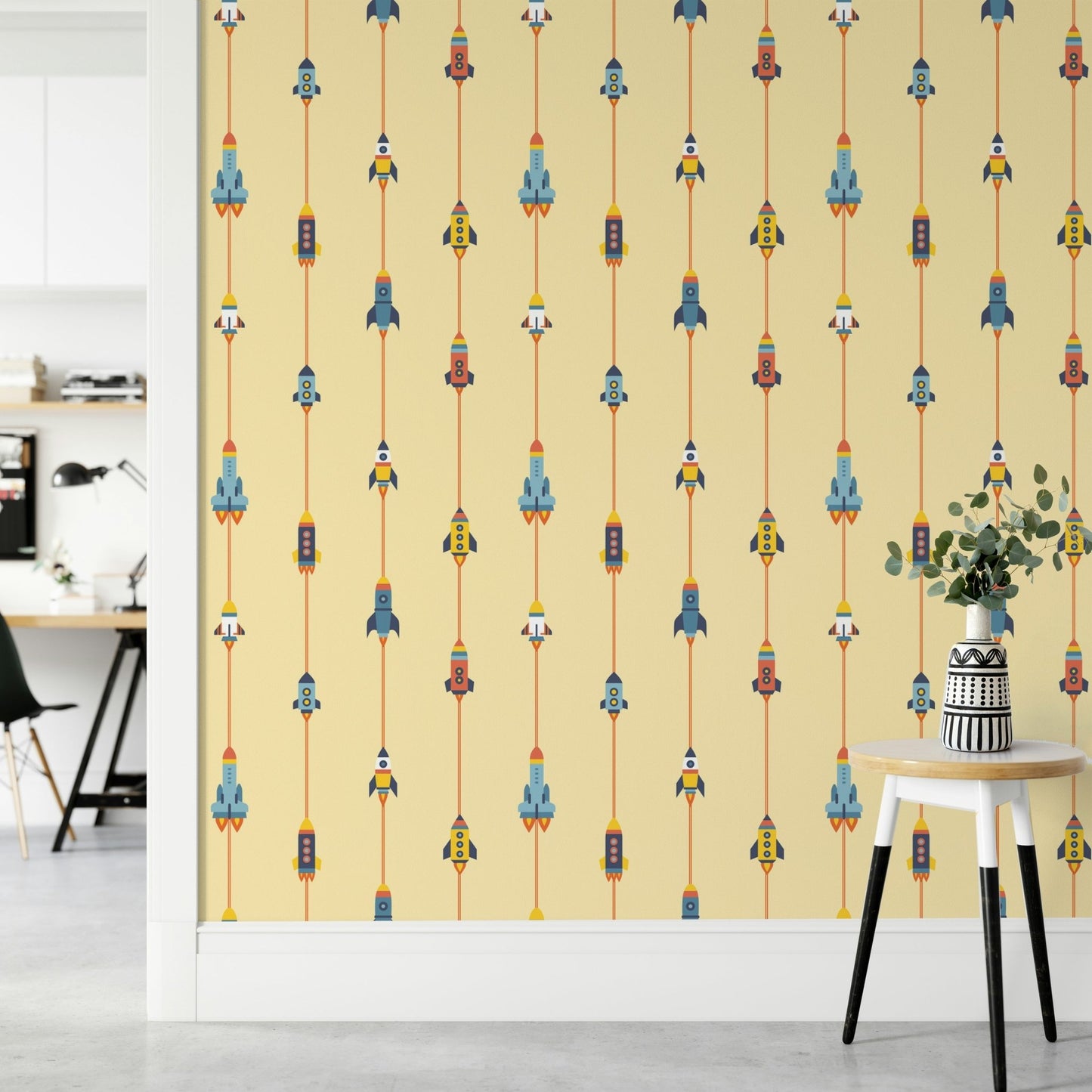 The wallpaper is installed in a formal, elegant living room.

