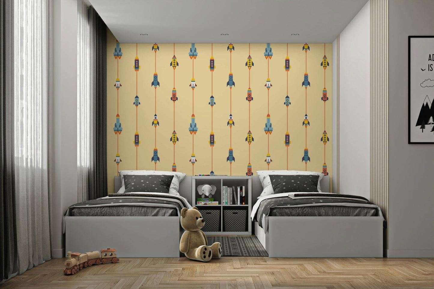 The image shows a repeating design with spaceships, rockets, and stars.

