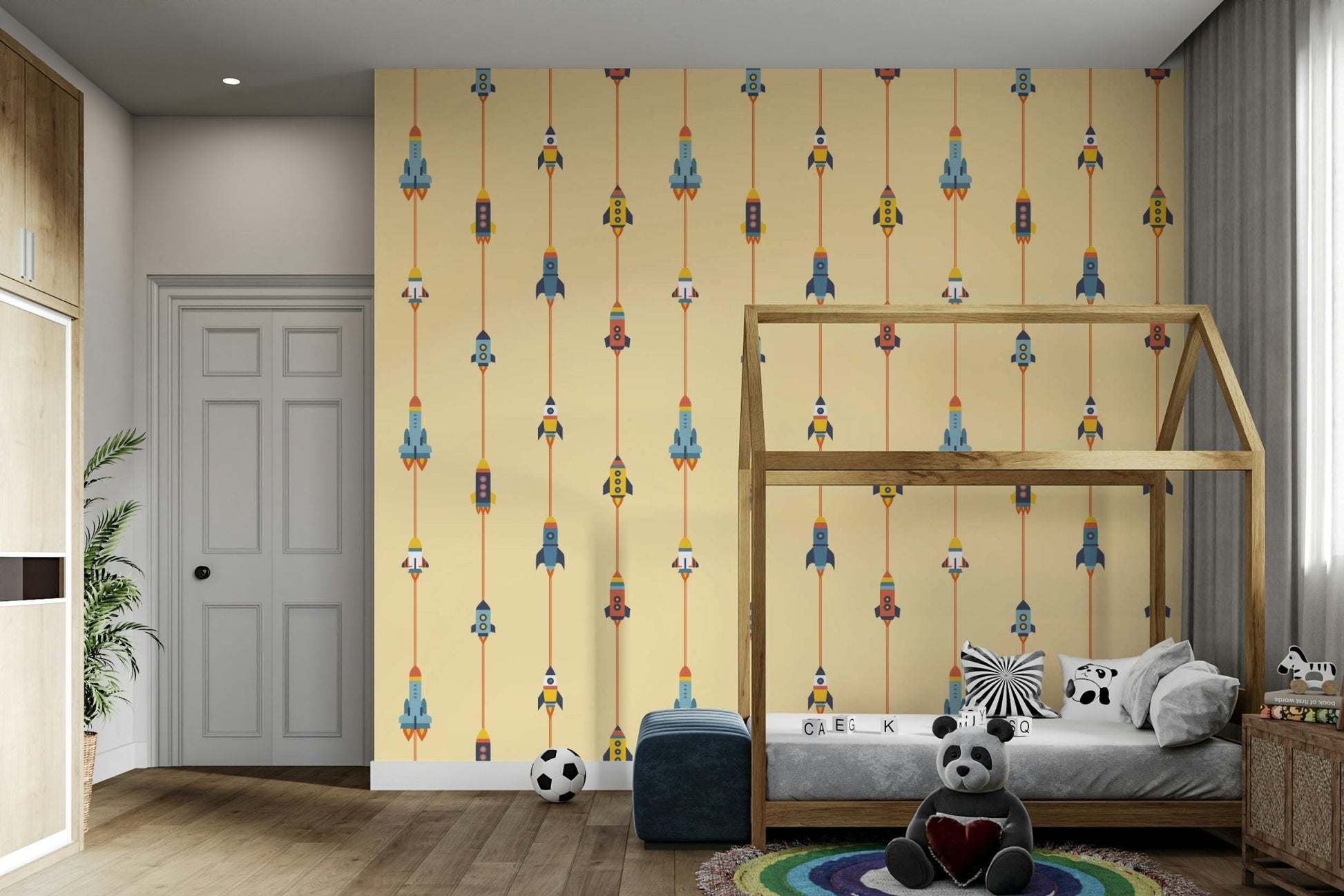 The mural extends across the entire wall, creating a clean backdrop.

