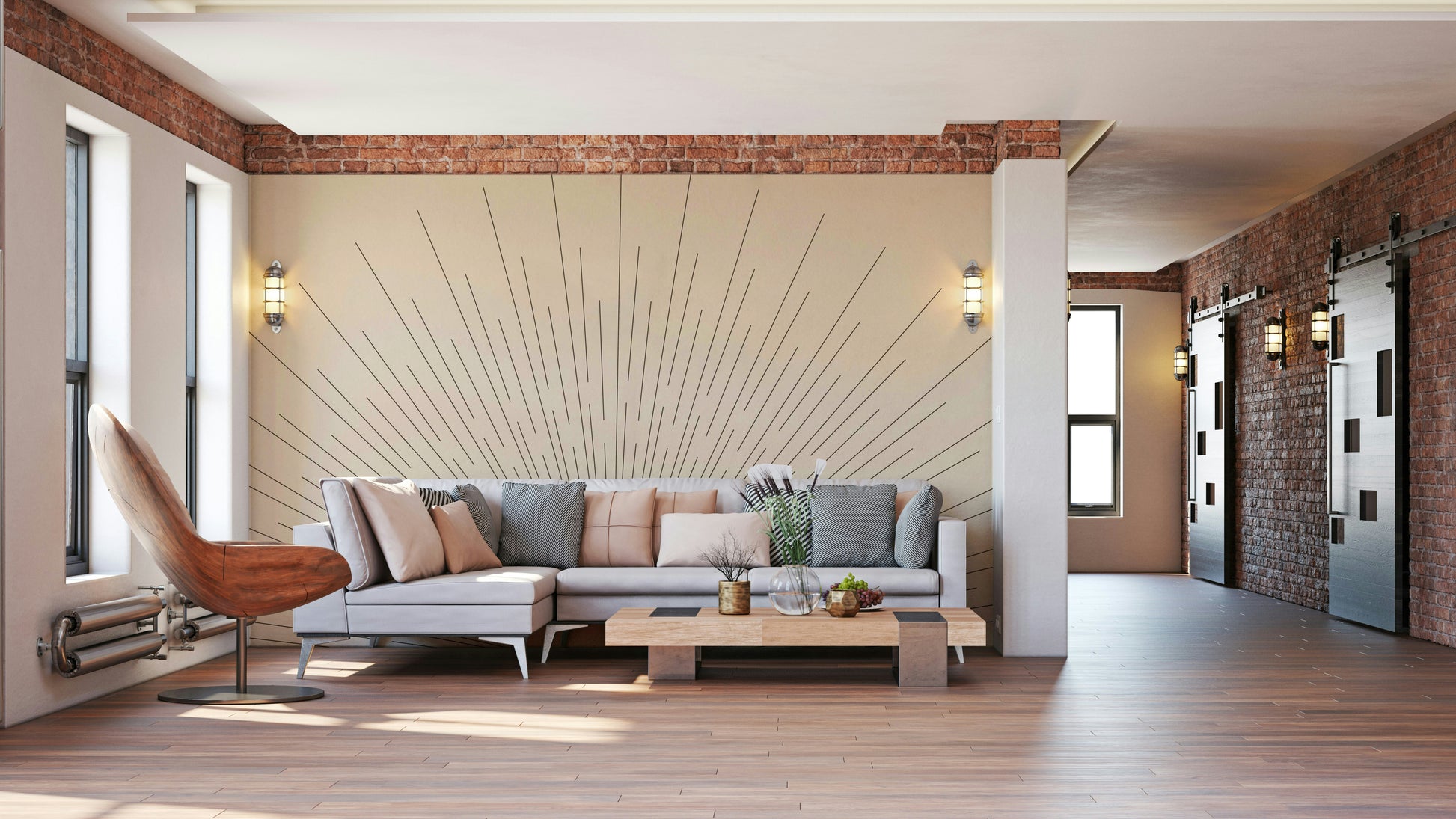 Sun-inspired mural for mid-century interiors

