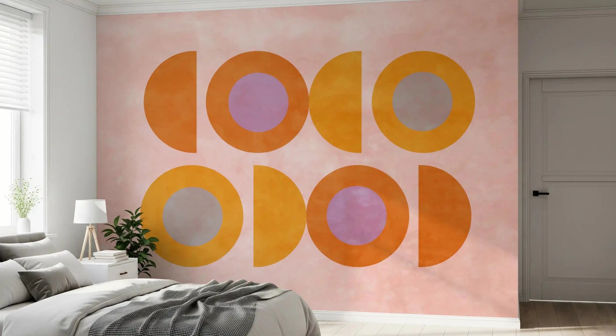 Abstract orange and purple geometric design in Mid-Century Sunset Shapes wall mural for the bedroom.