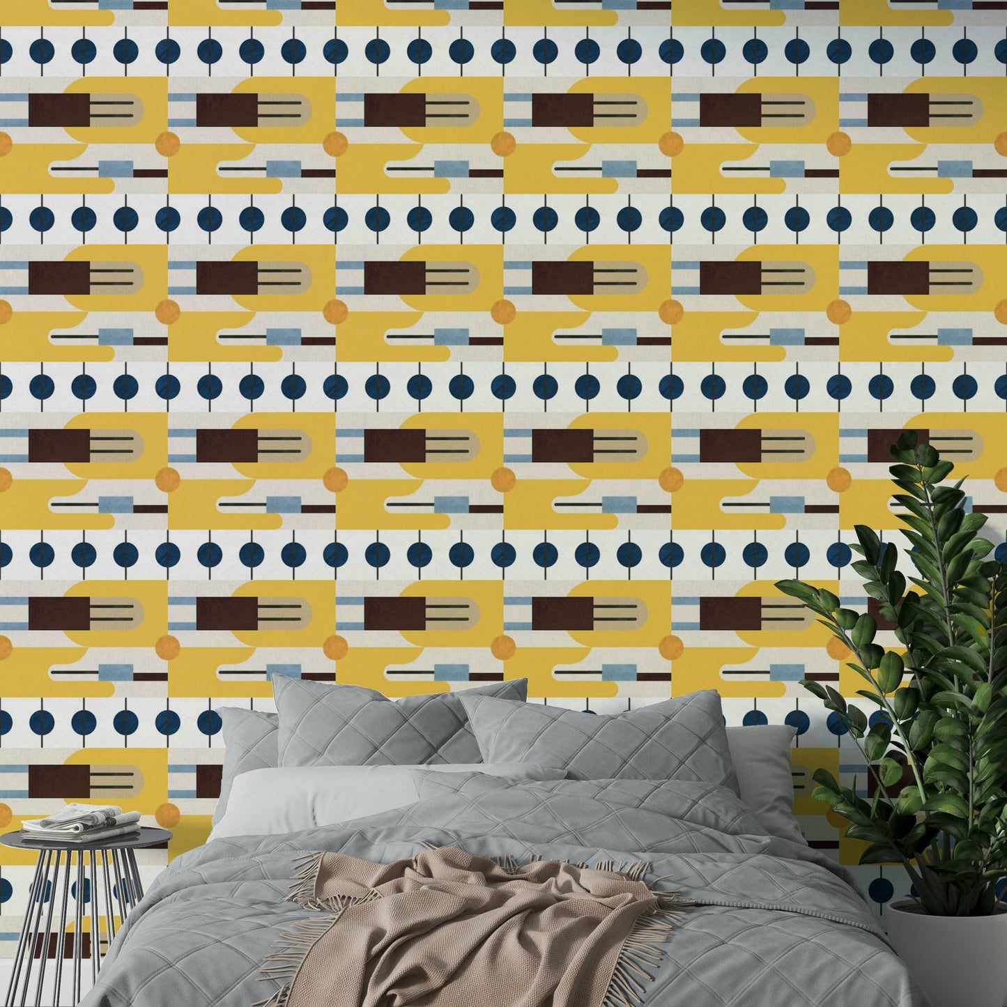 Stylish dining room with retro wall accents


