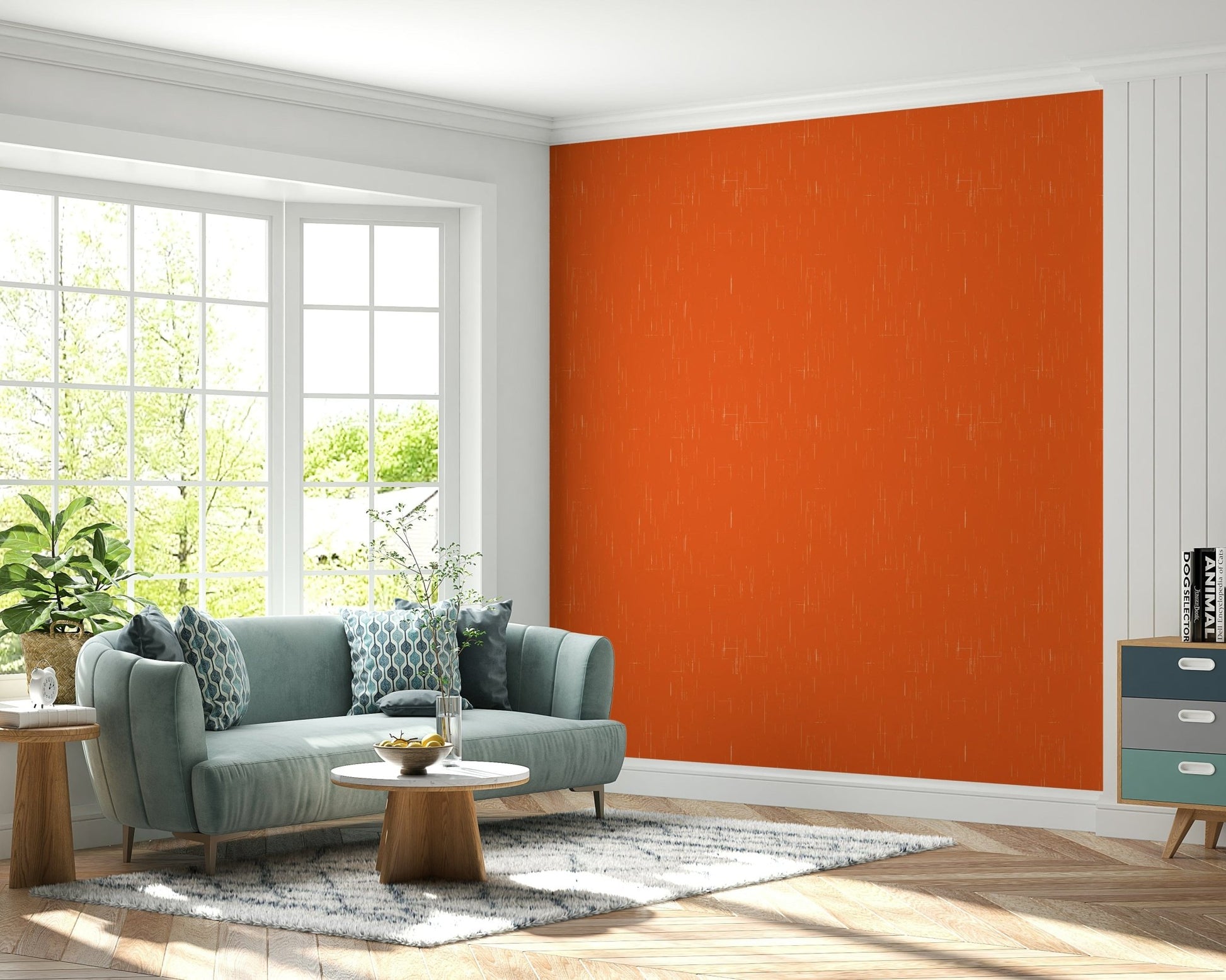 Atomic age inspired orange wallpaper for walls, striking vertical pattern.