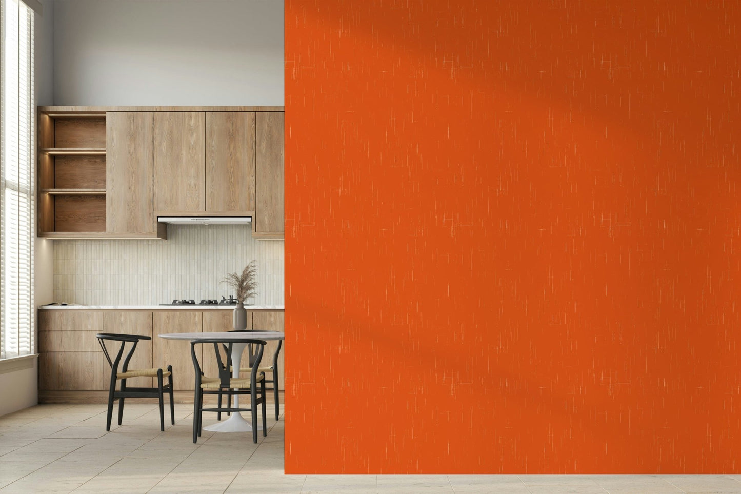 Vibrant orange Mod Atomic wallpaper, linen texture with white flecking detail.