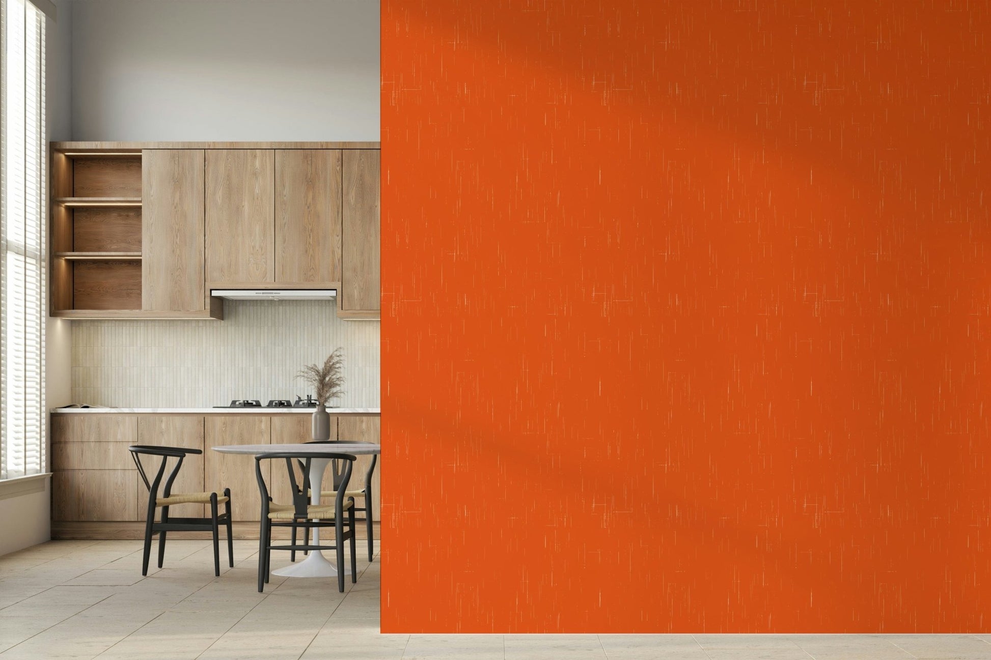 Vibrant orange Mod Atomic wallpaper, linen texture with white flecking detail.