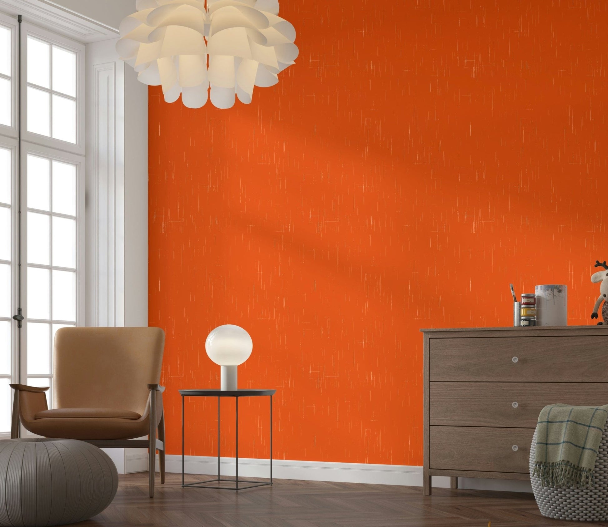 Mid-century modern tangerine wall mural, scratched effect for a distressed look.