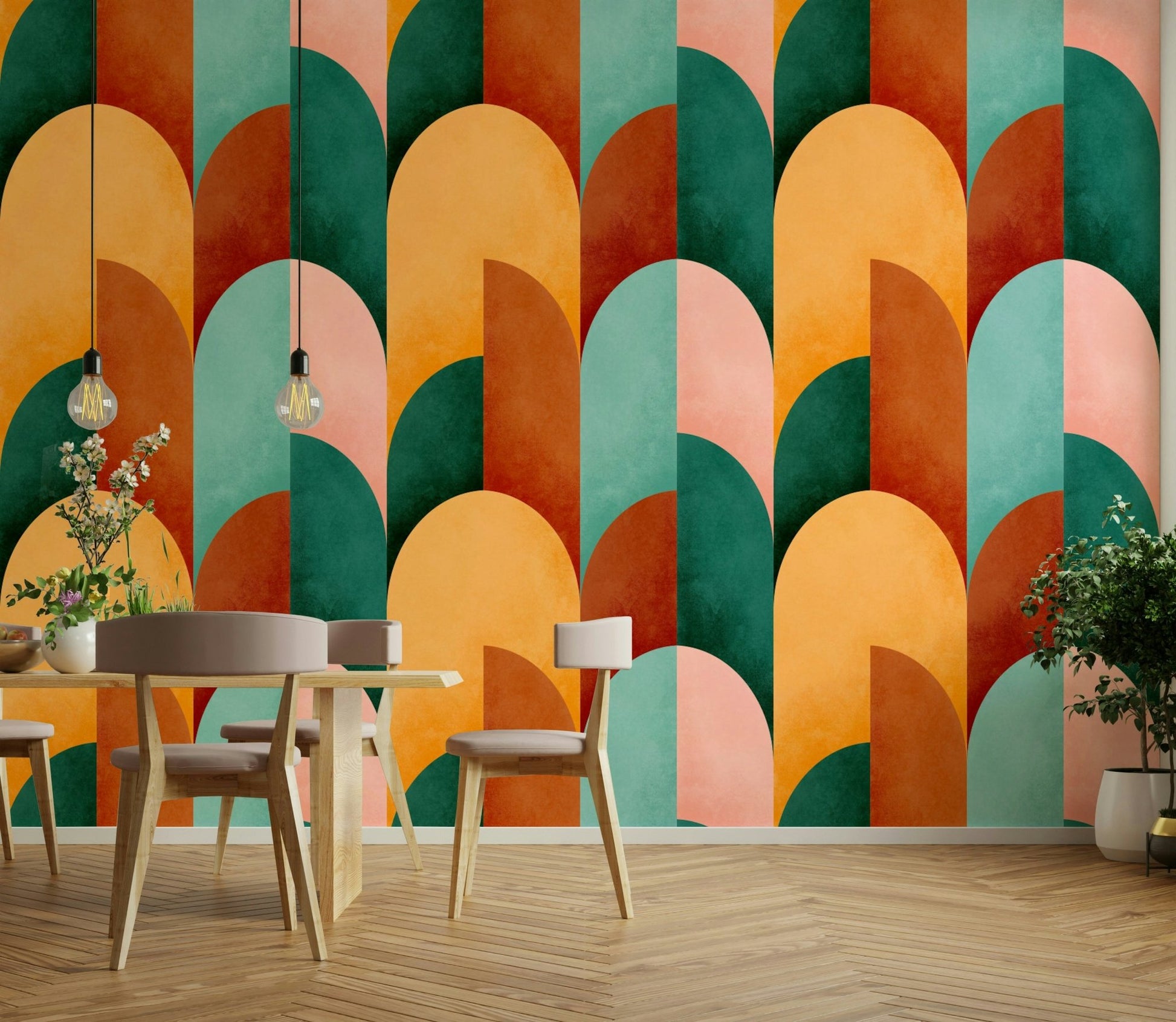 Mid Mod Geometry Sunburn wallpaper mural with bold arches behind a mustard sectional sofa with yellow pillows