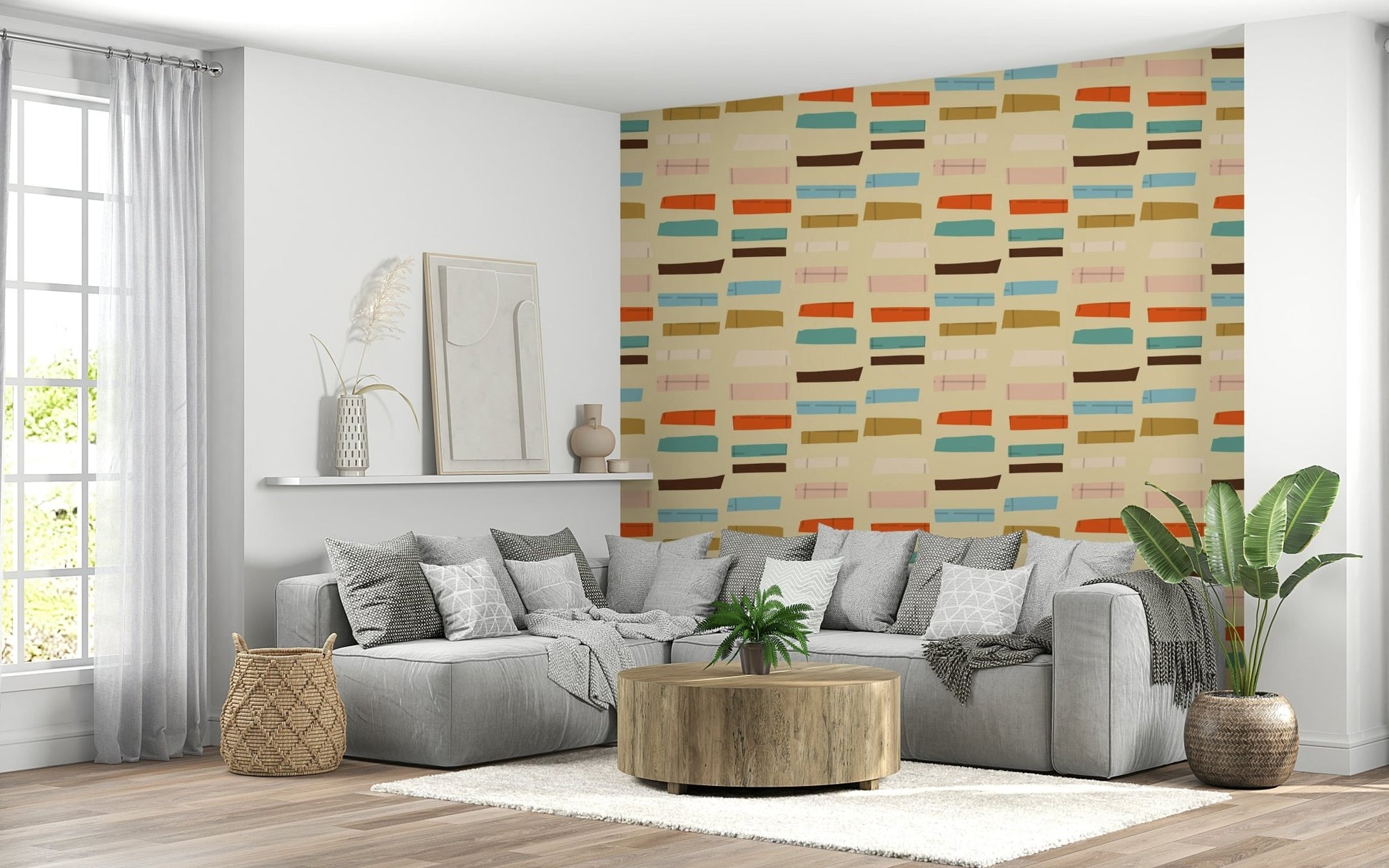 Retro blocks, terracotta, sky blue, dark brown; attractive wallpaper for walls.