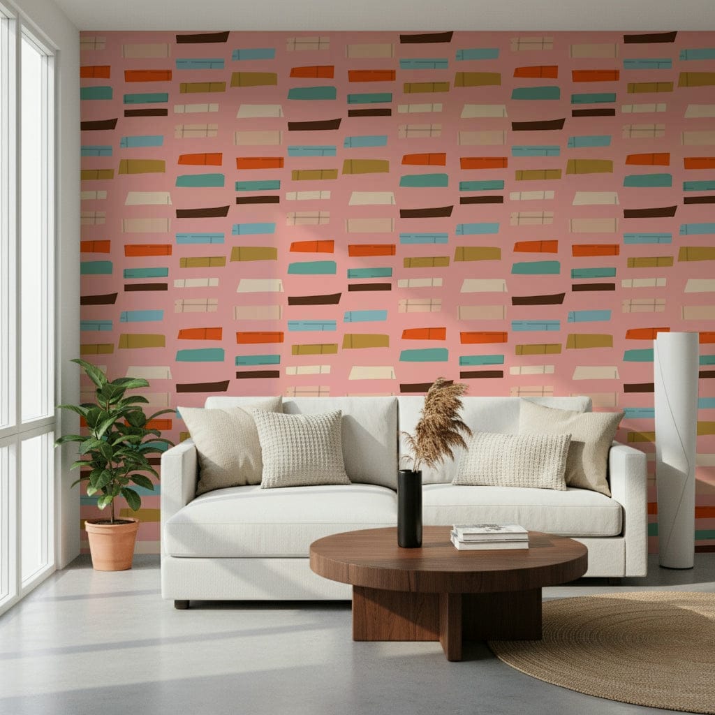 Mid-century modern aesthetic, colorful shapes, superb feature wall design.