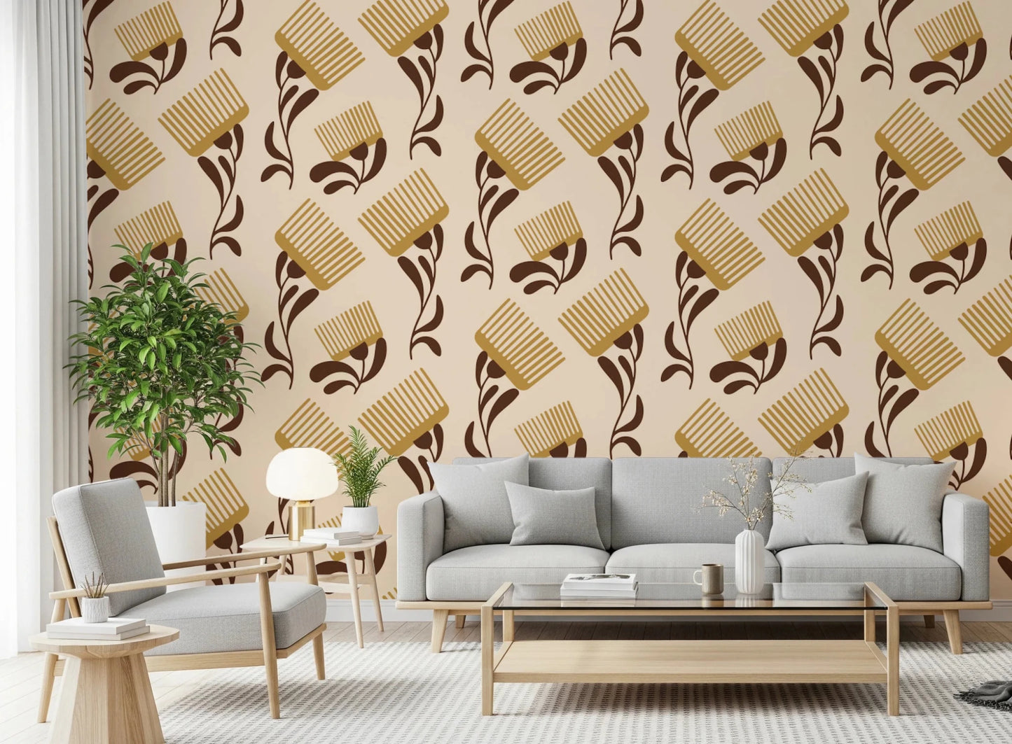 Mid Mod Wildflower Comb - Beige Chocolate Wallpaper⁠
