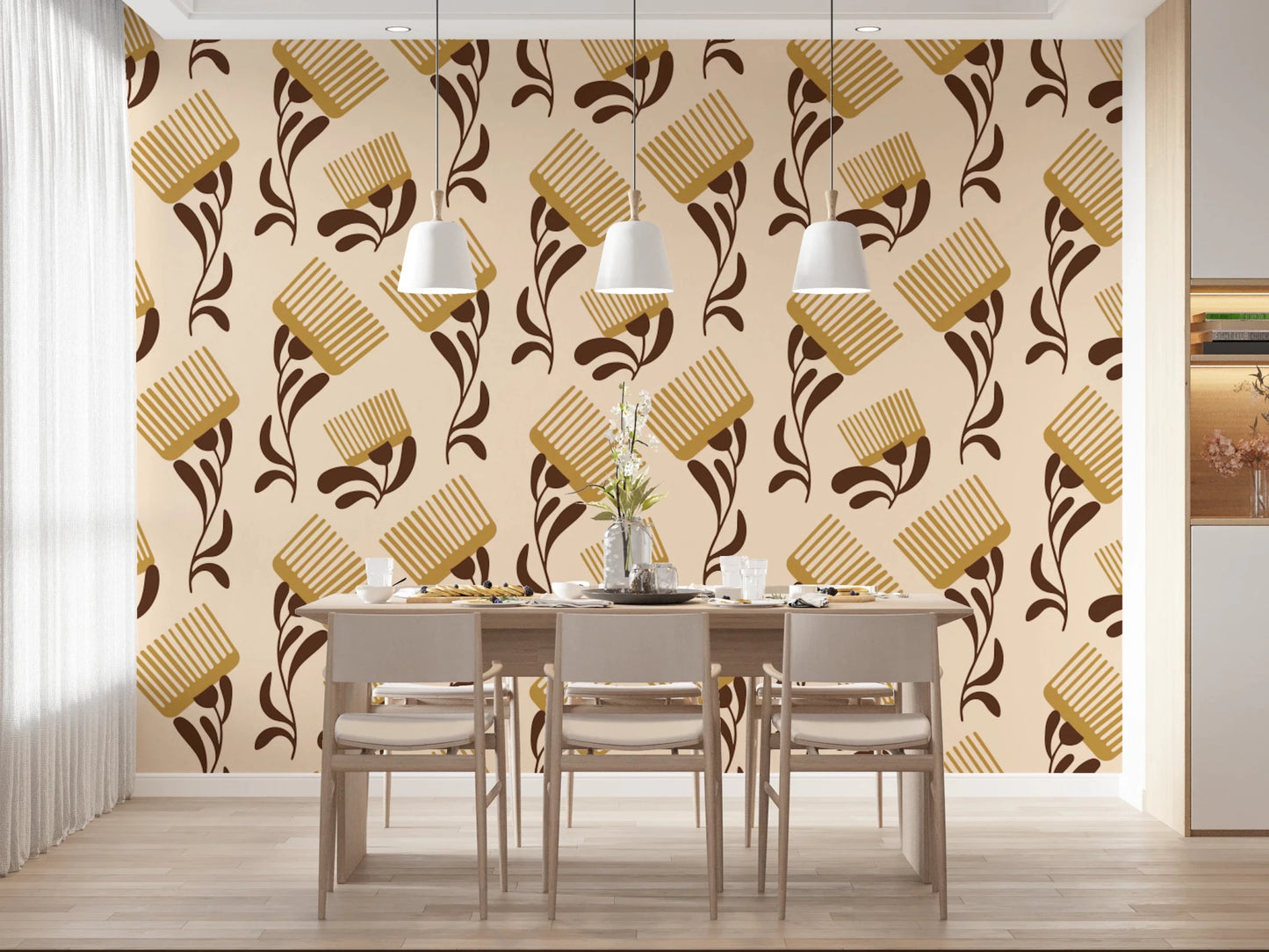 Mid Mod Wildflower Comb - Beige Chocolate Wallpaper⁠