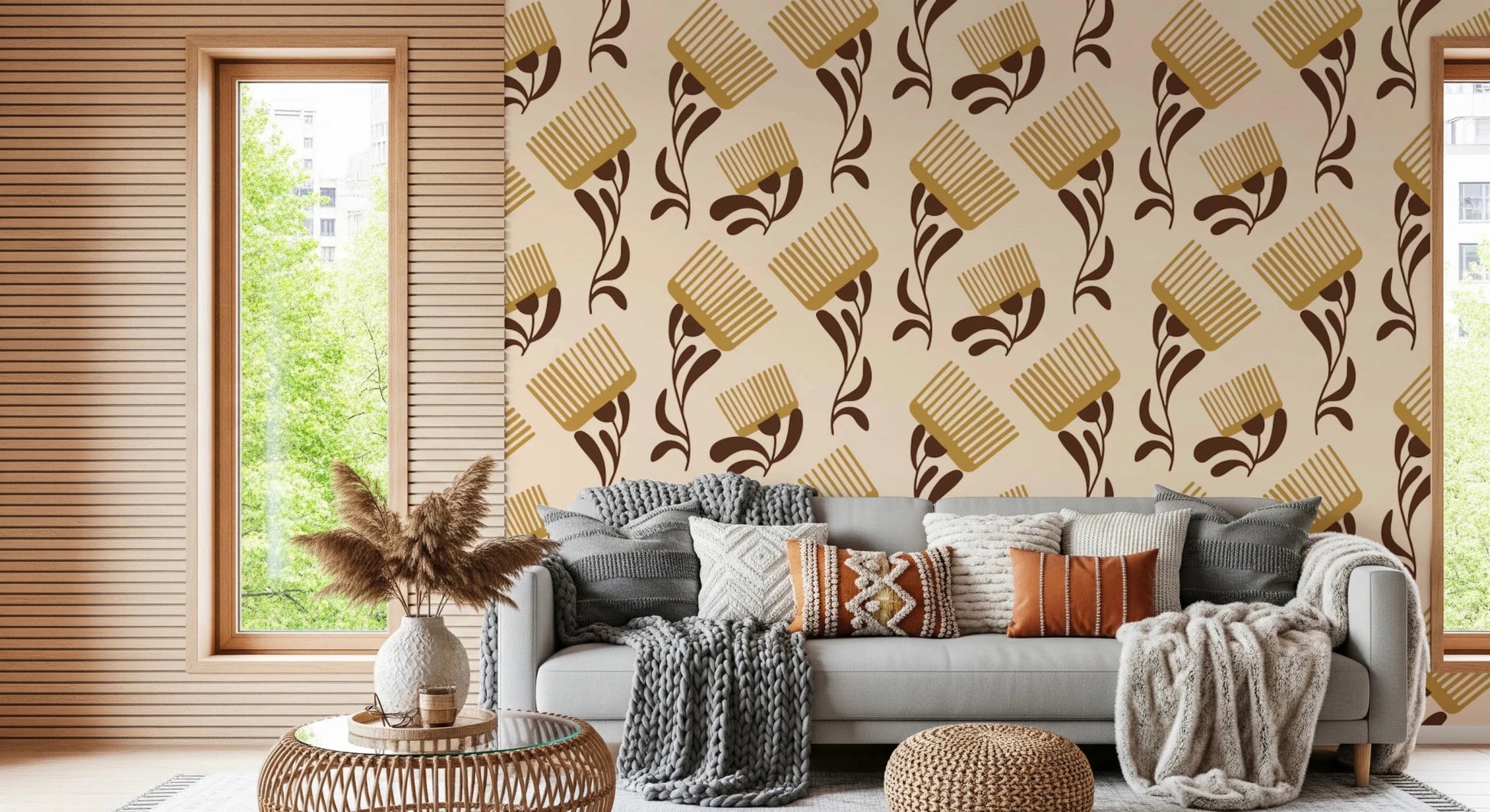 Mid Mod Wildflower Comb - Beige Chocolate Wallpaper⁠