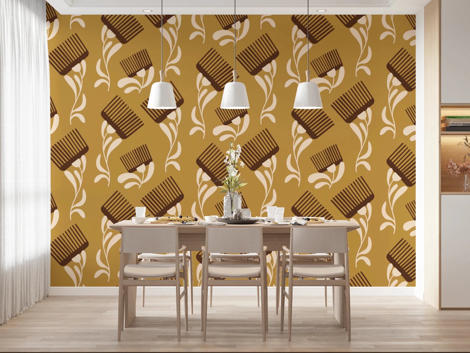 Mid Mod Wildflower Comb - Beige Ocher Wallpaper⁠