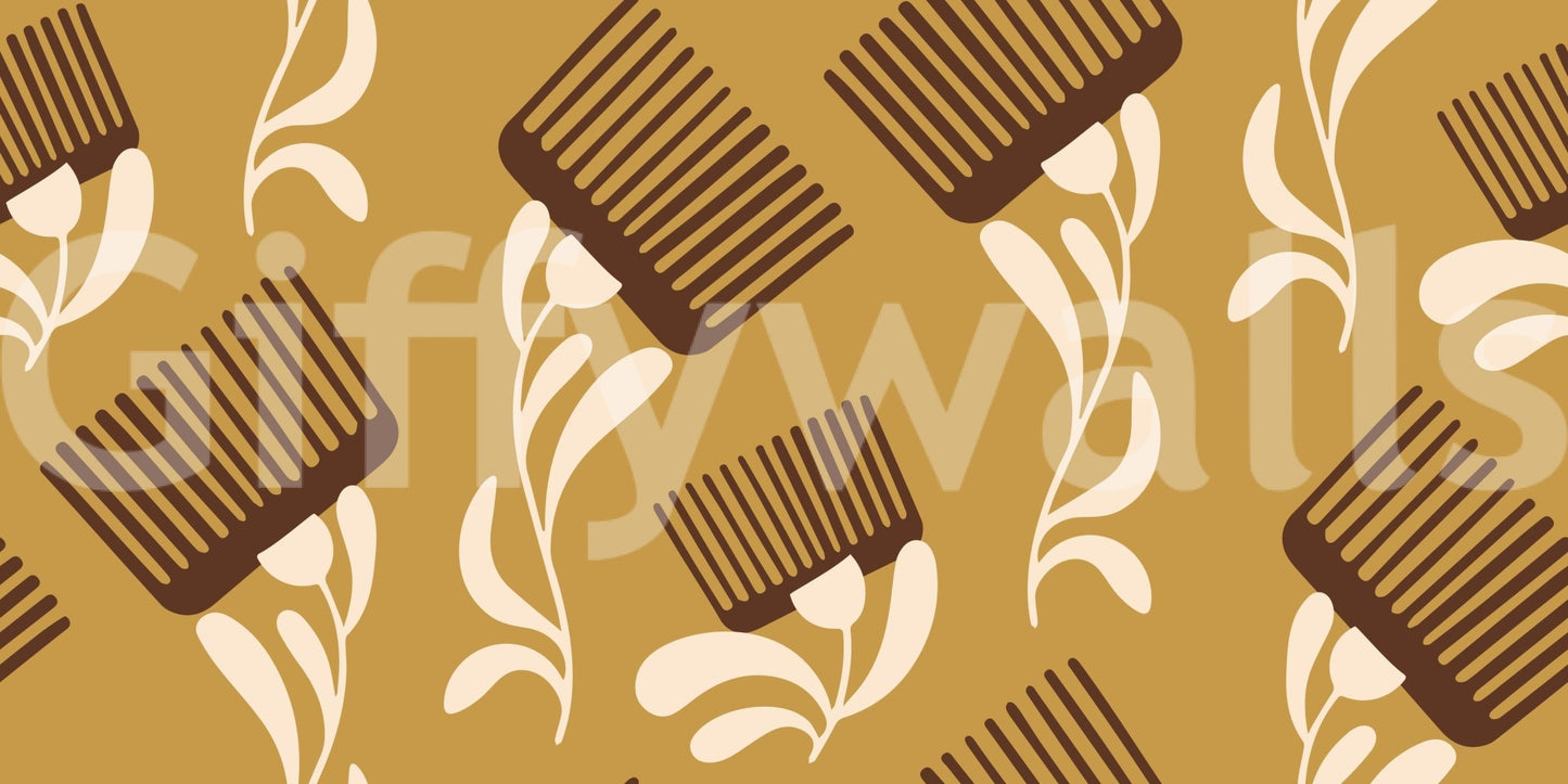 Mid Mod Wildflower Comb - Beige Ocher Wallpaper⁠