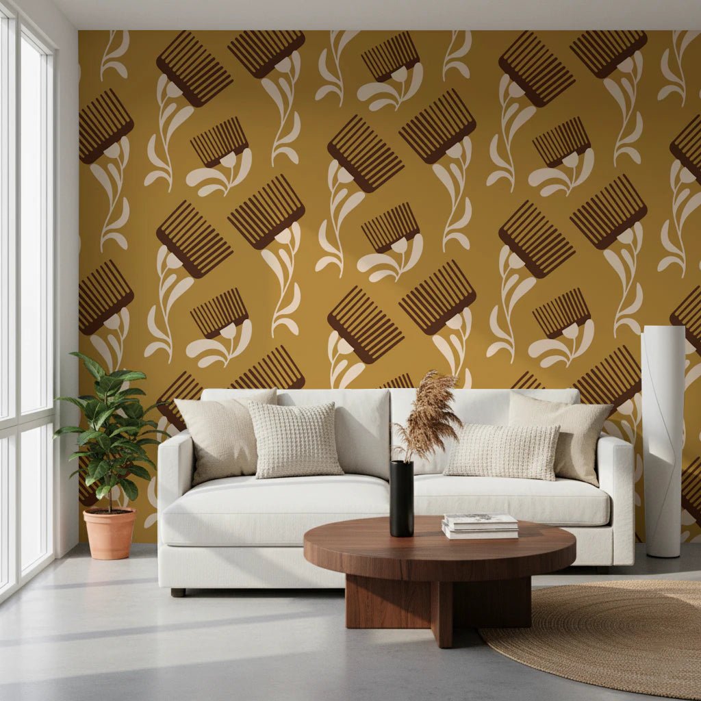 Mid Mod Wildflower Comb - Beige Ocher Wallpaper⁠