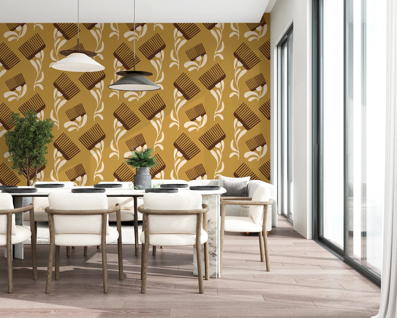 Mid Mod Wildflower Comb - Beige Ocher Wallpaper⁠