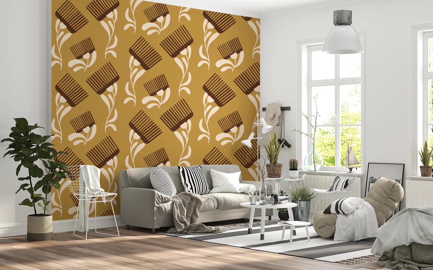 Mid Mod Wildflower Comb - Beige Ocher Wallpaper⁠