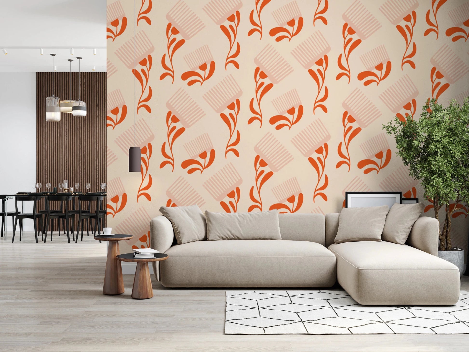 Mid Mod Wildflower Comb - Beige Terracotta Wallpaper⁠