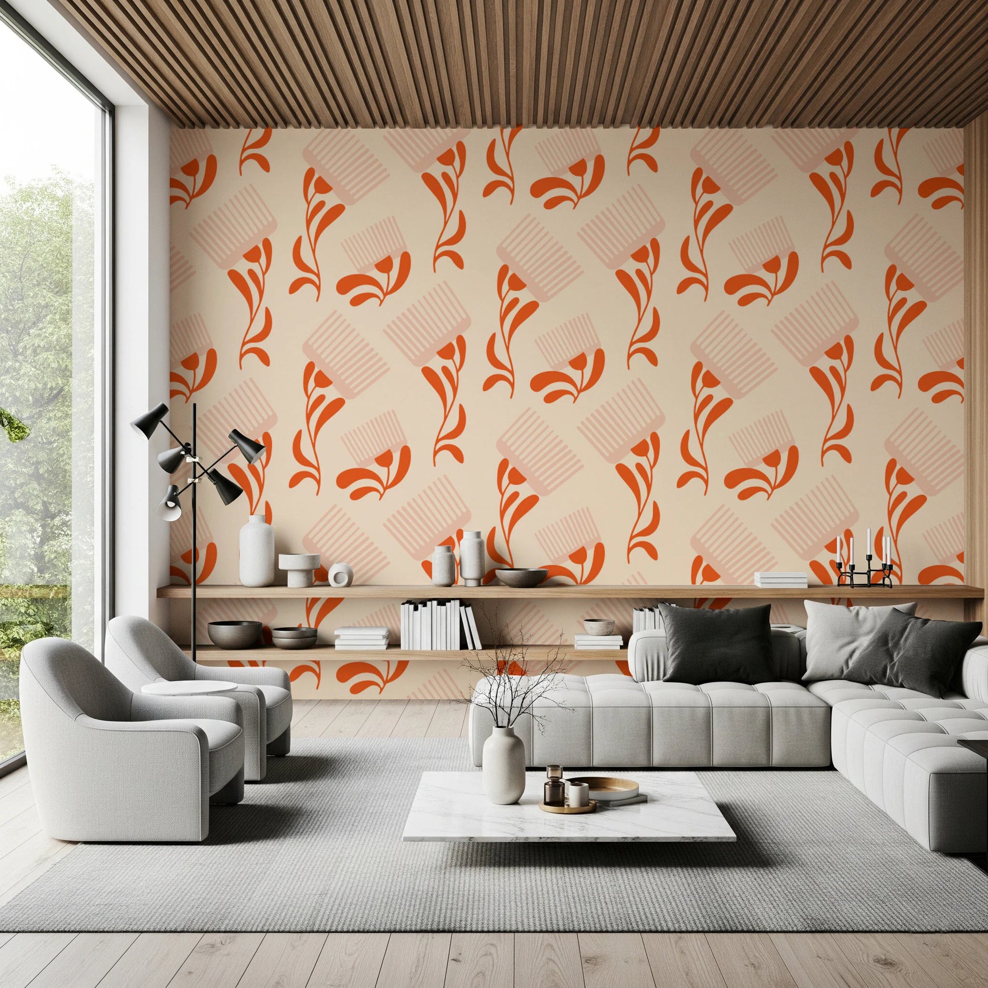 Mid Mod Wildflower Comb - Beige Terracotta Wallpaper⁠