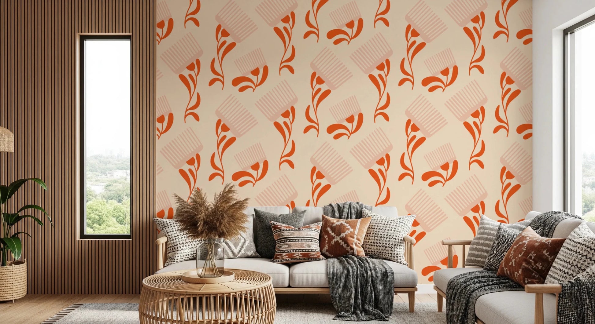 Mid Mod Wildflower Comb - Beige Terracotta Wallpaper⁠