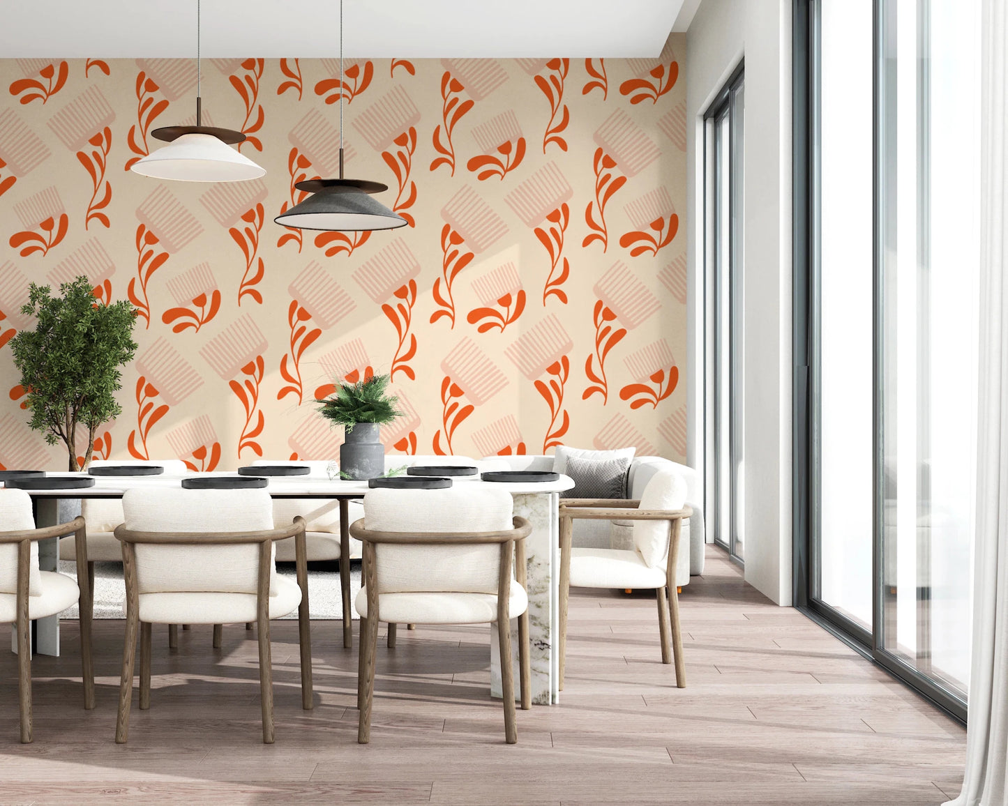 Mid Mod Wildflower Comb - Beige Terracotta Wallpaper⁠