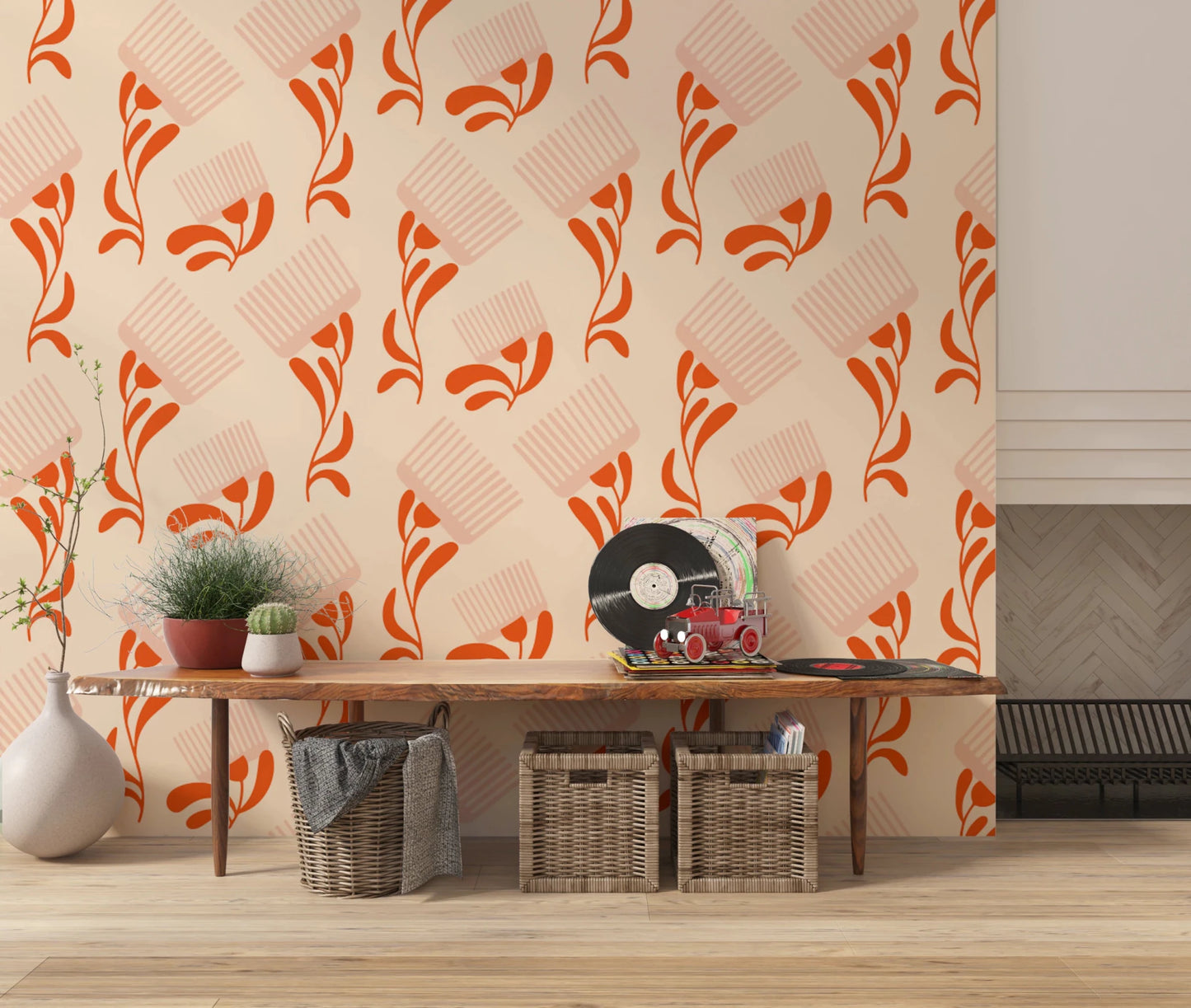 Mid Mod Wildflower Comb - Beige Terracotta Wallpaper⁠