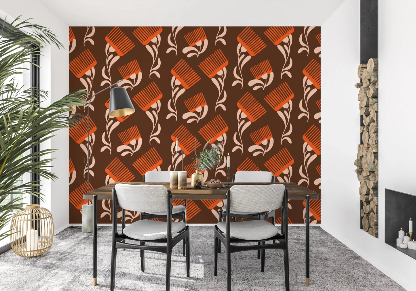 Mid Mod Wildflower Comb - Chocolate Terracotta Wallpaper⁠