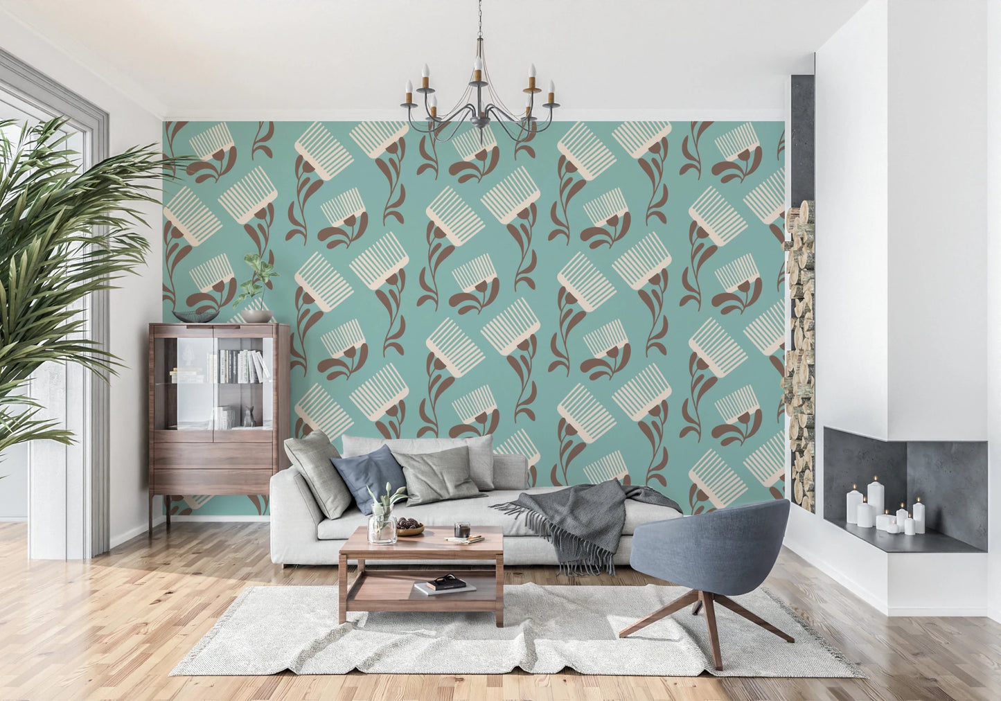 Mid Mod Wildflower Comb - Teal Beige Wallpaper⁠