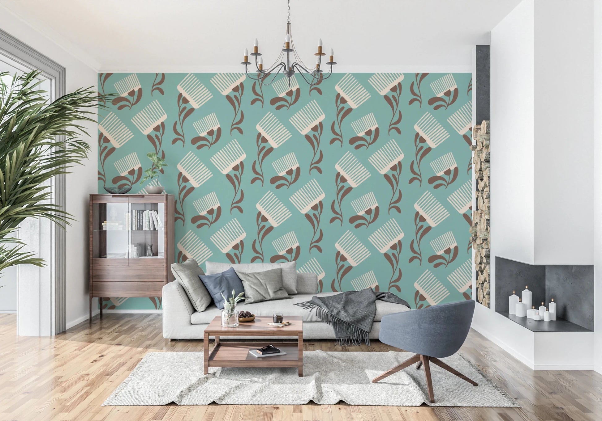 Mid Mod Wildflower Comb - Teal Beige Wallpaper⁠