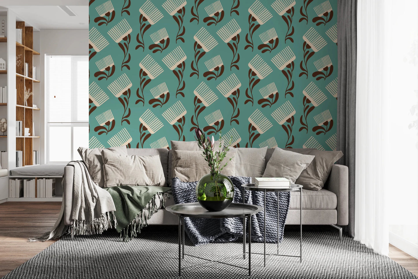Mid Mod Wildflower Comb - Teal Beige Wallpaper⁠