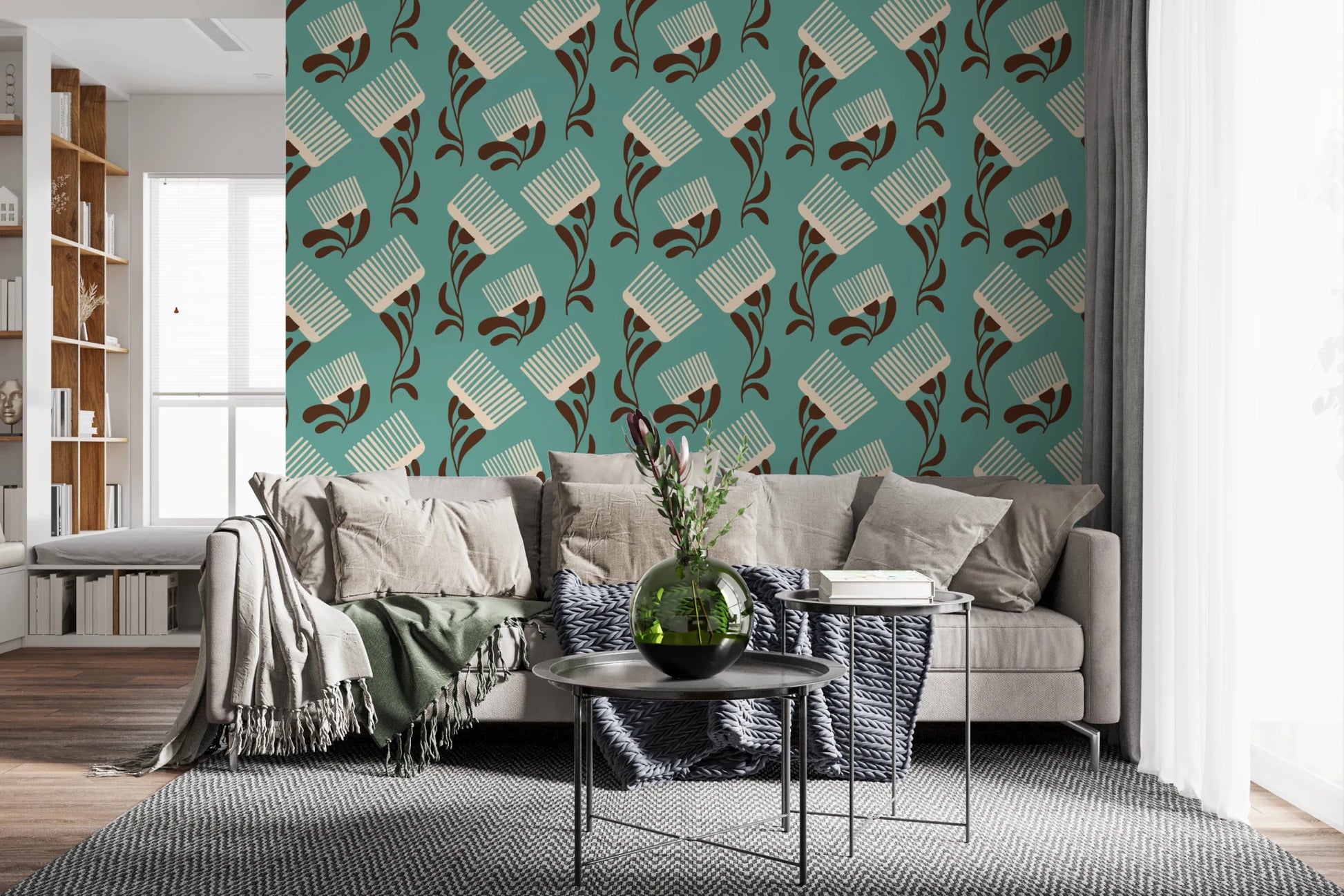 Mid Mod Wildflower Comb - Teal Beige Wallpaper⁠