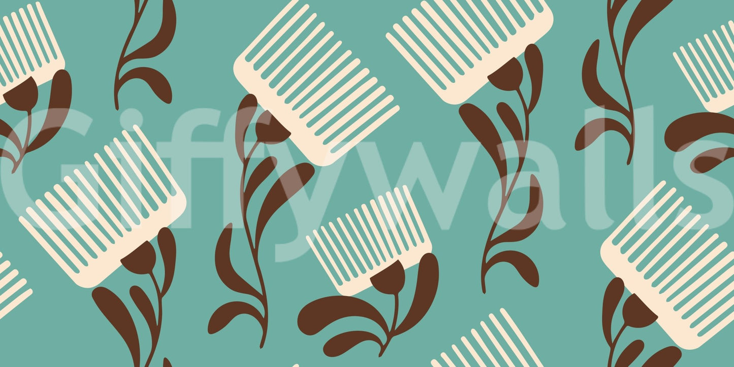 Mid Mod Wildflower Comb - Teal Beige Wallpaper⁠