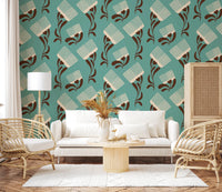 Mid Mod Wildflower Comb - Teal Beige Wallpaper⁠