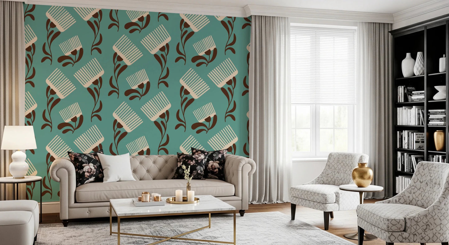 Mid Mod Wildflower Comb - Teal Beige Wallpaper⁠