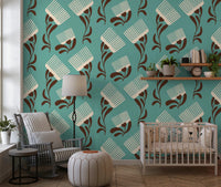 Mid Mod Wildflower Comb - Teal Beige Wallpaper⁠
