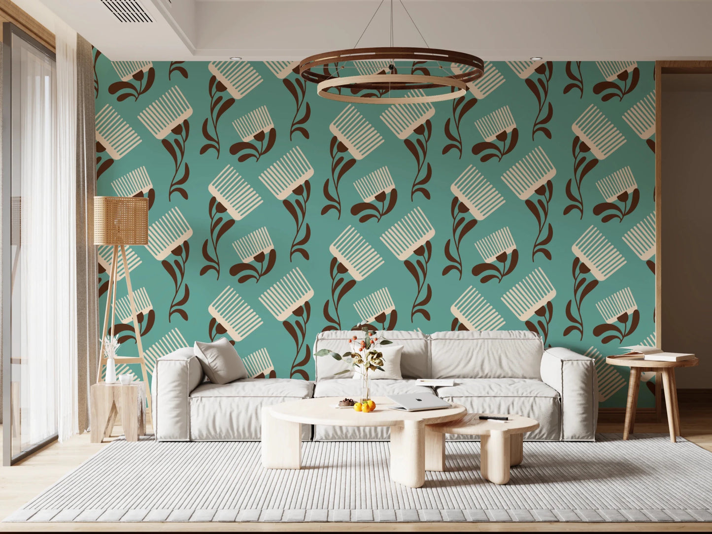Mid Mod Wildflower Comb - Teal Beige Wallpaper⁠