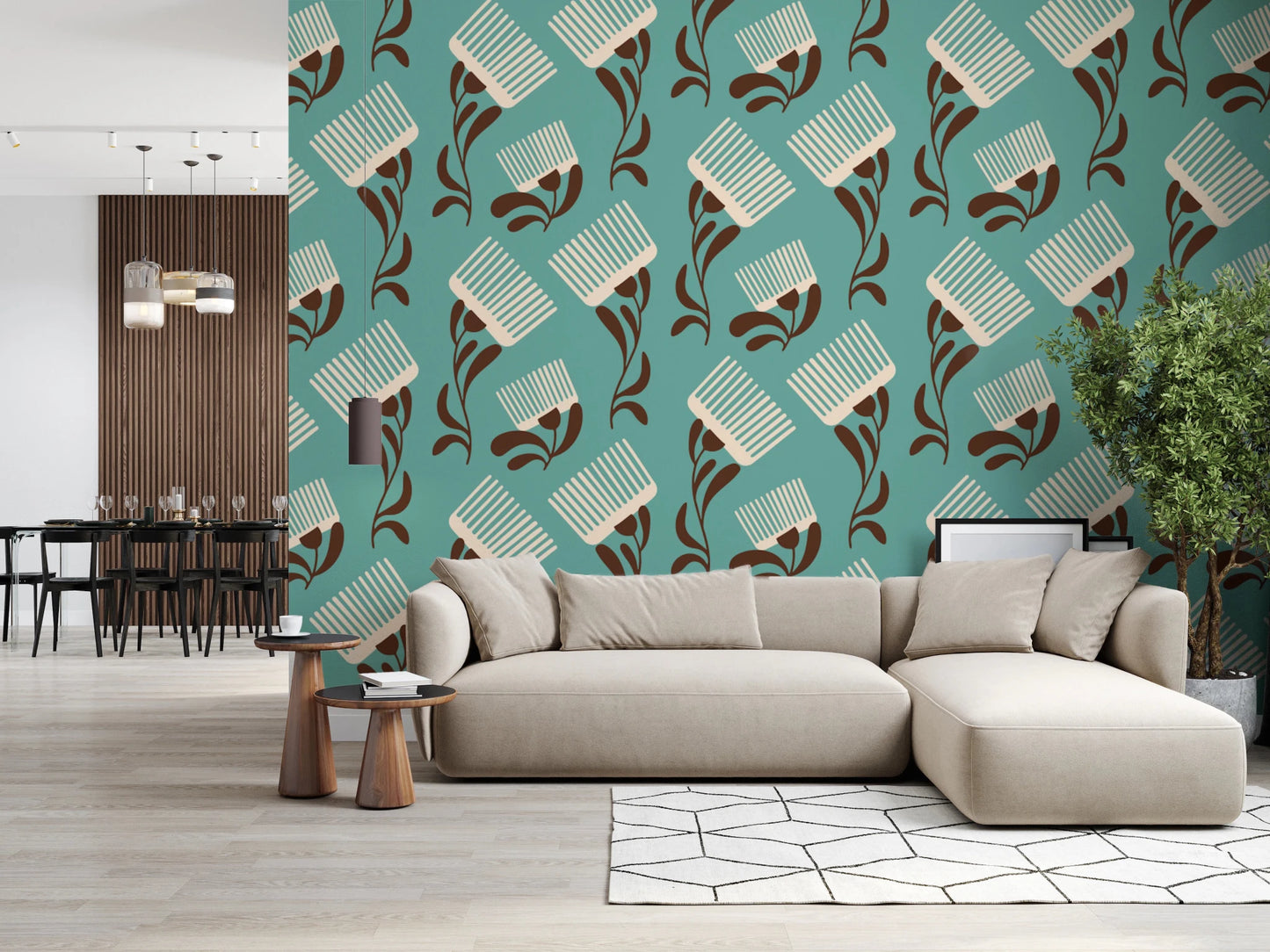 Mid Mod Wildflower Comb - Teal Beige Wallpaper⁠